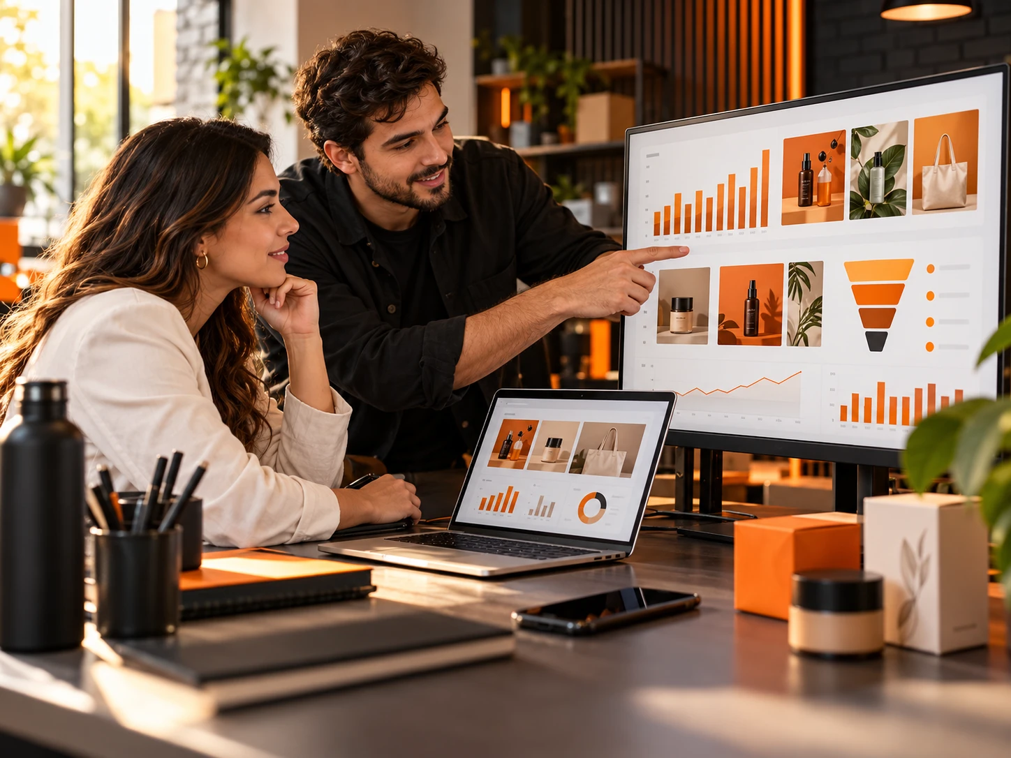 Composição ilustrativa de uma equipe planejando campanhas digitais e analisando a divulgação de produtos